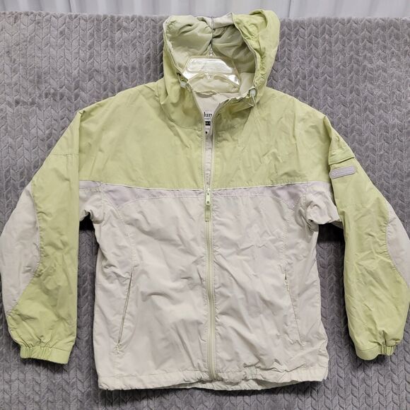 Columbia Womens Full Zip Hooded Windbreaker Jacket Sz Large Packable Green Cream - Picture 1 of 12